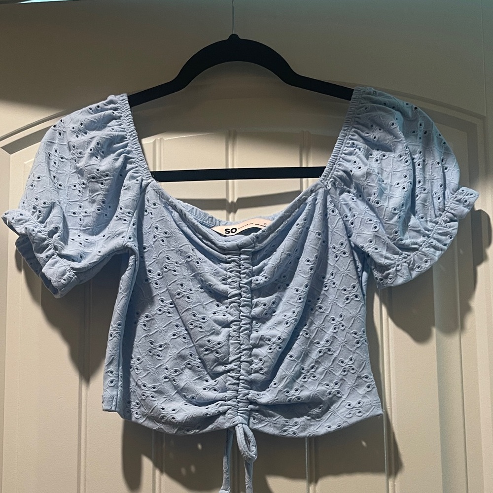 SO Powder Blue Eyelet Ruched Tie-Front Puff Sleeve Crop Top